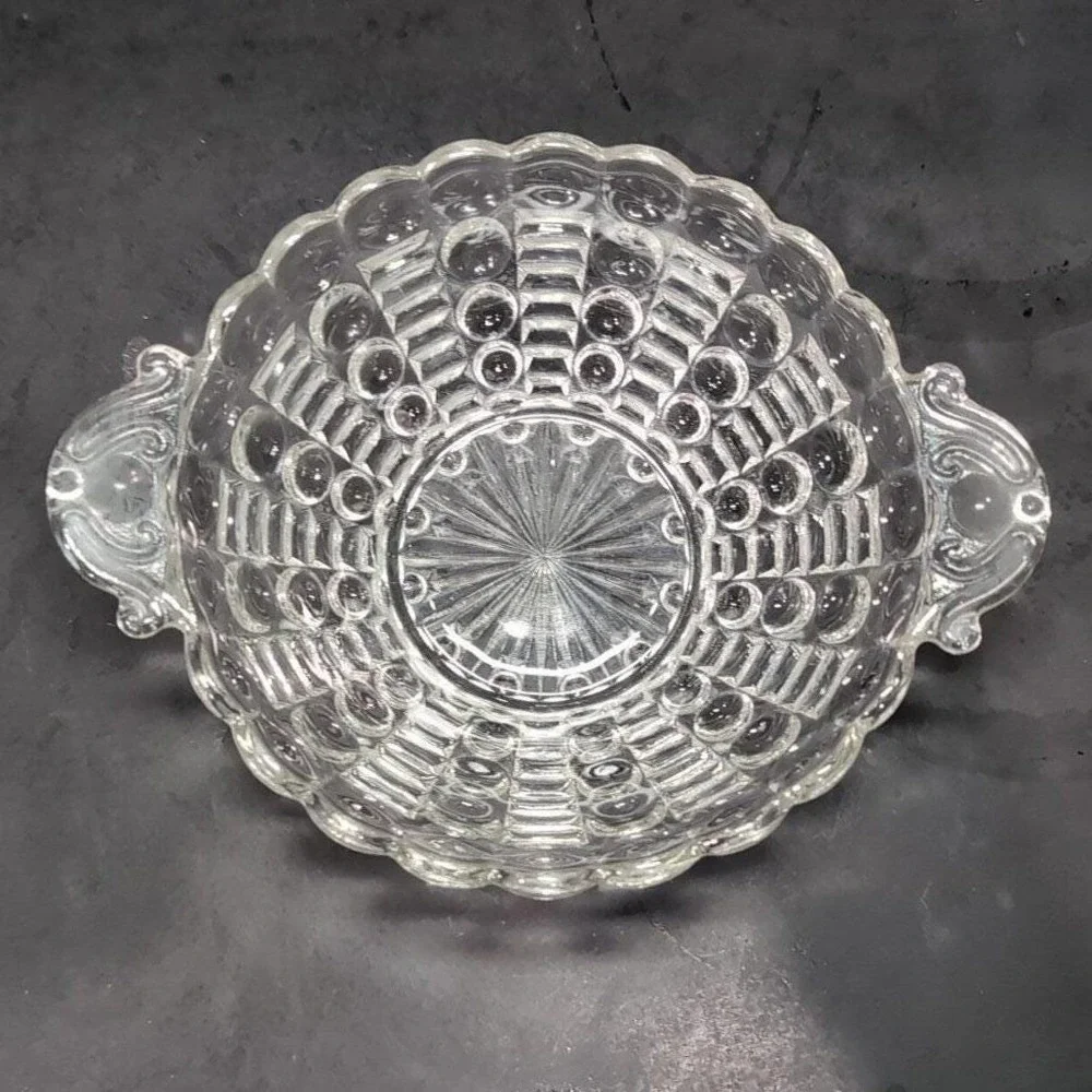 Anchor‎ Hocking Clear Bubble Glass Dish, Vintage Tab-Handle Centerpiece Bowl